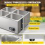 VEVOR Commercial Food Warmer 4-Pan 850W Electric Countertop Steam Table 15cm/6inch Deep well Stainless Steel Bain Marie Buffet Food Warmer Large Capacity 11Quart/Pan for Catering and Restaurant