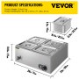 VEVOR 110V 4-Pan Commercial Food Warmer, 1200W Electric Steam Table 15cm/6inch Deep, Professional Stainless Steel Buffet Bain Marie 34 Quart for Catering and Restaurants