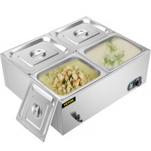 VEVOR 110V 4-Pan Commercial Food Warmer, 1200W Electric Steam Table 15cm/6inch Deep, Professional Stainless Steel Buffet Bain Marie 34 Quart for Catering and Restaurants