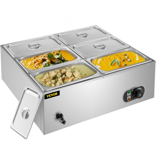 VEVOR 110V 6-Pan Commercial Food Warmer, 1200W Electric Steam Table 15cm/6inch Deep, Professional Stainless Steel Buffet Bain Marie 32 Quart Capacity for Catering and Restaurants