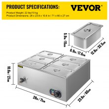 VEVOR 110V 6-Pan Commercial Food Warmer, 1200W Electric Steam Table 15cm/6inch Deep, Professional Stainless Steel Buffet Bain Marie 32 Quart Capacity for Catering and Restaurants
