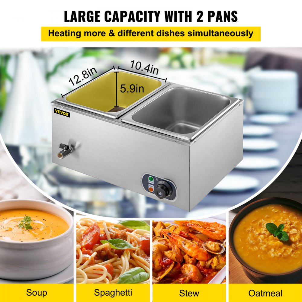 2 Pots Wet Well Bain Marie Electric Sauce Food Warmer Commercial Stainless Pans