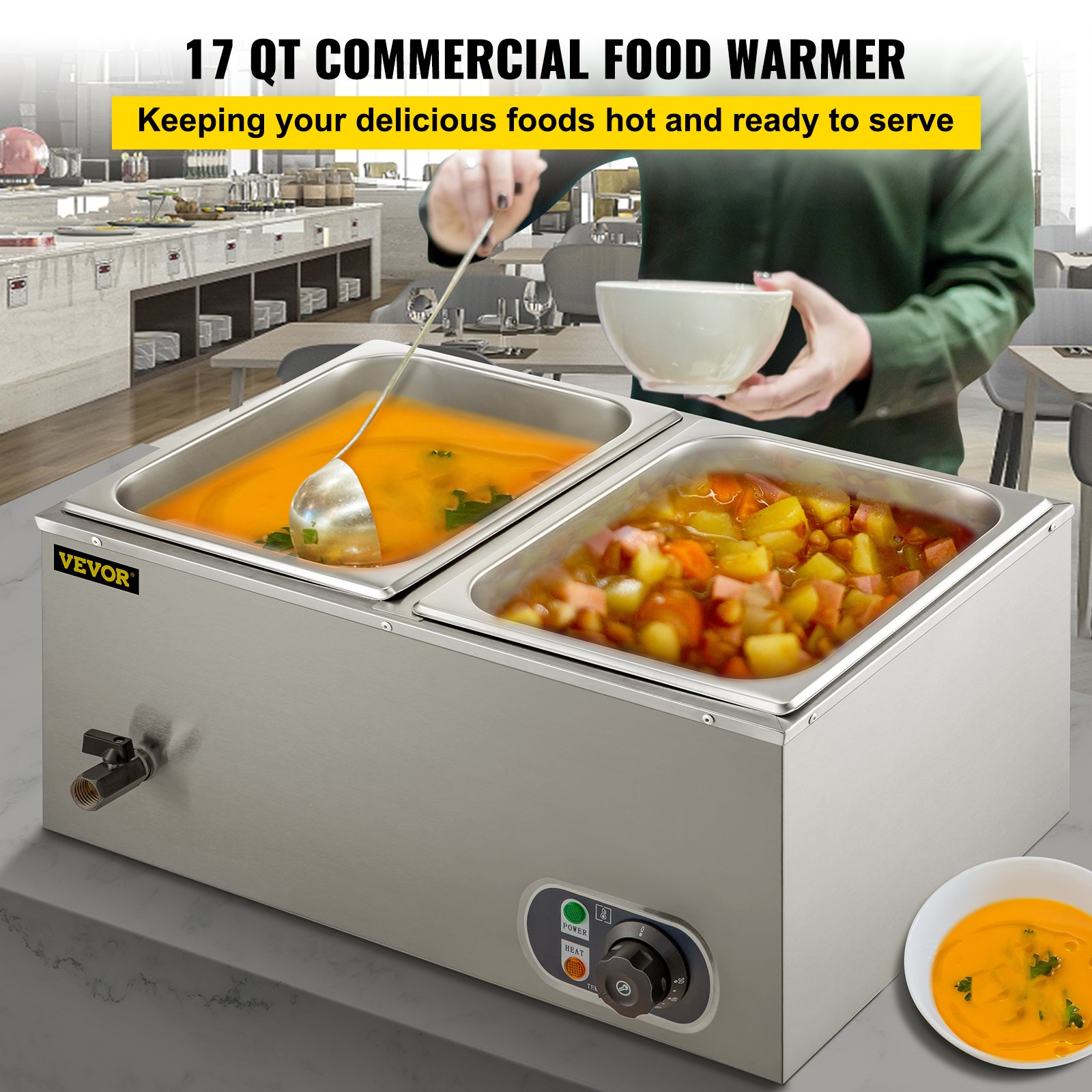 2 Pots Wet Well Bain Marie Electric Sauce Food Warmer Commercial Stainless Pans