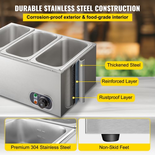 VEVOR Commercial Food Warmer 3-Pan 850W Electric Countertop Steam Table 15cm/6inch Deep Stainless Steel Bain Marie Buffet Food Warmer Large Capacity 7 Quart/Pan for Catering and Restaurants