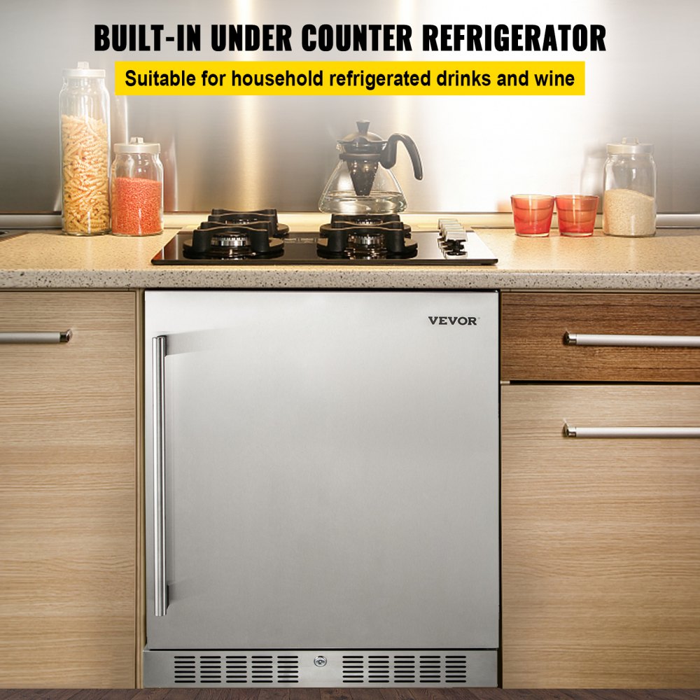 VEVOR 24'' Built-in Beverage Cooler, 5.3 cu.ft. Stainless Steel Beverage Refrigerator w/Embraco Compressor, 142 Can Beer Fridge for Home Bar Office Outdoor Indoor Use, 150L, Black & Silver
