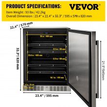 VEVOR 24'' Built-in Beverage Cooler, 5.3 cu.ft. Stainless Steel Beverage Refrigerator w/Embraco Compressor, 142 Can Beer Fridge for Home Bar Office Outdoor Indoor Use, 150L, Black & Silver