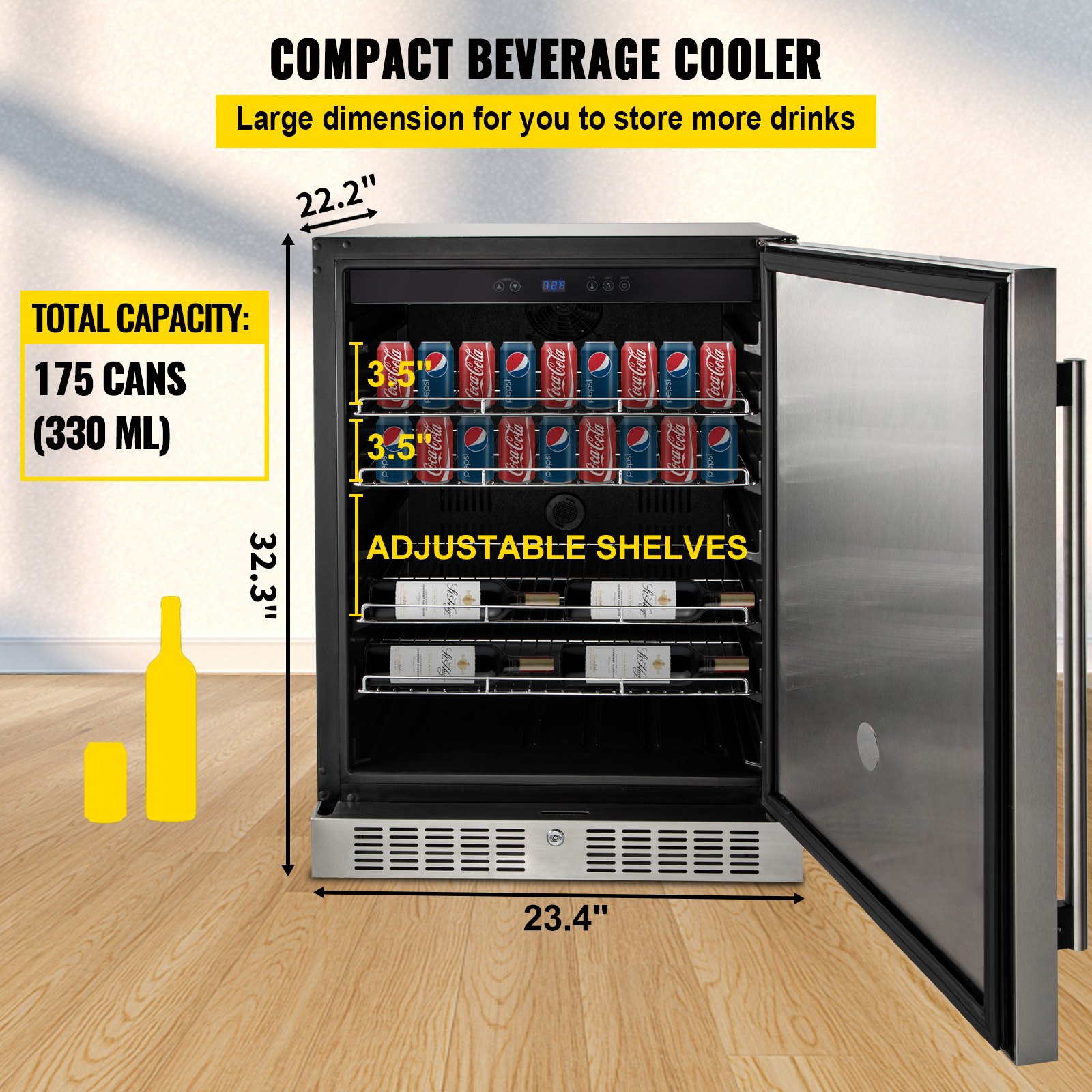24'' Built-in Beverage Cooler, 5.3 cu.ft. Stainless Steel Beverage Refrigerator w/Embraco Compressor, 142 Can Beer Fridge for Home Bar Office Outdoor Indoor Use, 150L, Black & Silver 24'' Built-in Beverage Cooler, 5.3 cu.ft. Stainless Steel Beverage Refrigerator w/Embraco Compressor, 142 Can Beer Fridge for Home Bar Office Outdoor Indoor Use, 150L, Black & Silver