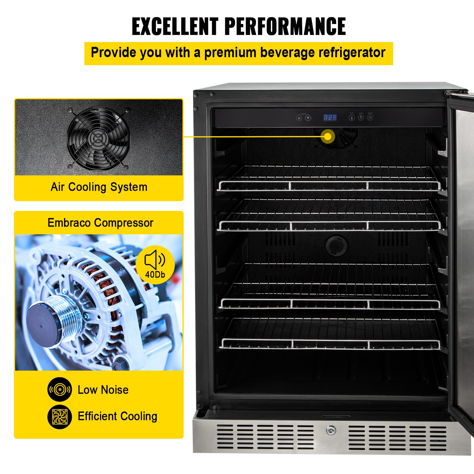 24'' Built-in Beverage Cooler, 5.3 cu.ft. Stainless Steel Beverage Refrigerator w/Embraco Compressor, 142 Can Beer Fridge for Home Bar Office Outdoor Indoor Use, 150L, Black & Silver 24'' Built-in Beverage Cooler, 5.3 cu.ft. Stainless Steel Beverage Refrigerator w/Embraco Compressor, 142 Can Beer Fridge for Home Bar Office Outdoor Indoor Use, 150L, Black & Silver