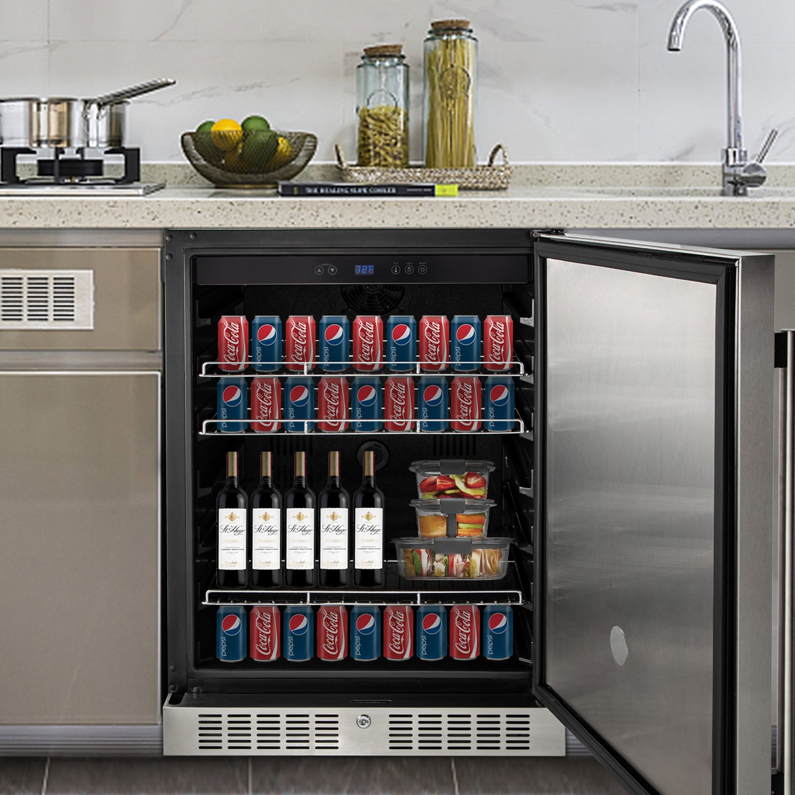 VEVOR 24'' Built-in Beverage Cooler, 5.3 cu.ft. Stainless Steel Beverage Refrigerator w/Embraco Compressor, 142 Can Beer Fridge for Home Bar Office Outdoor Indoor Use, 150L, Black & Silver