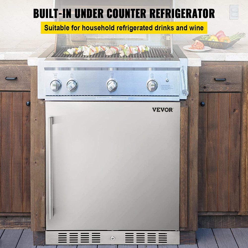 VEVOR Outdoor Refrigerator, Built-in 24" Undercounter Refrigerator, 5.5 cu.ft. Built-in Beverage Refrigerator, Stainless Steel Compact Refrigerator Mini Bar Beer Fridge for Home Bar Office Outdoor