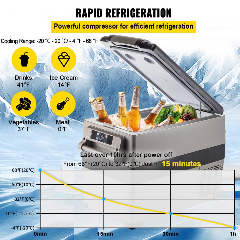 VEVOR Car Refrigerator, DC 12/24V AC100-240V Compressor Electric Cooler, -4°F to 68°F Car Fridge with APP Control, 60W Cars Freezer for RVs, Campsites, Boats, Camping, Fishing, 48 QT Portable Freezer
