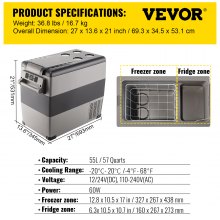 VEVOR Car Refrigerator 55L Compressor Portable Small Refrigerator Car Refrigerator Freezer Vehicle Car Truck RV Boat Mini Electric Cooler for Driving Travel Fishing Outdoor and Home Use