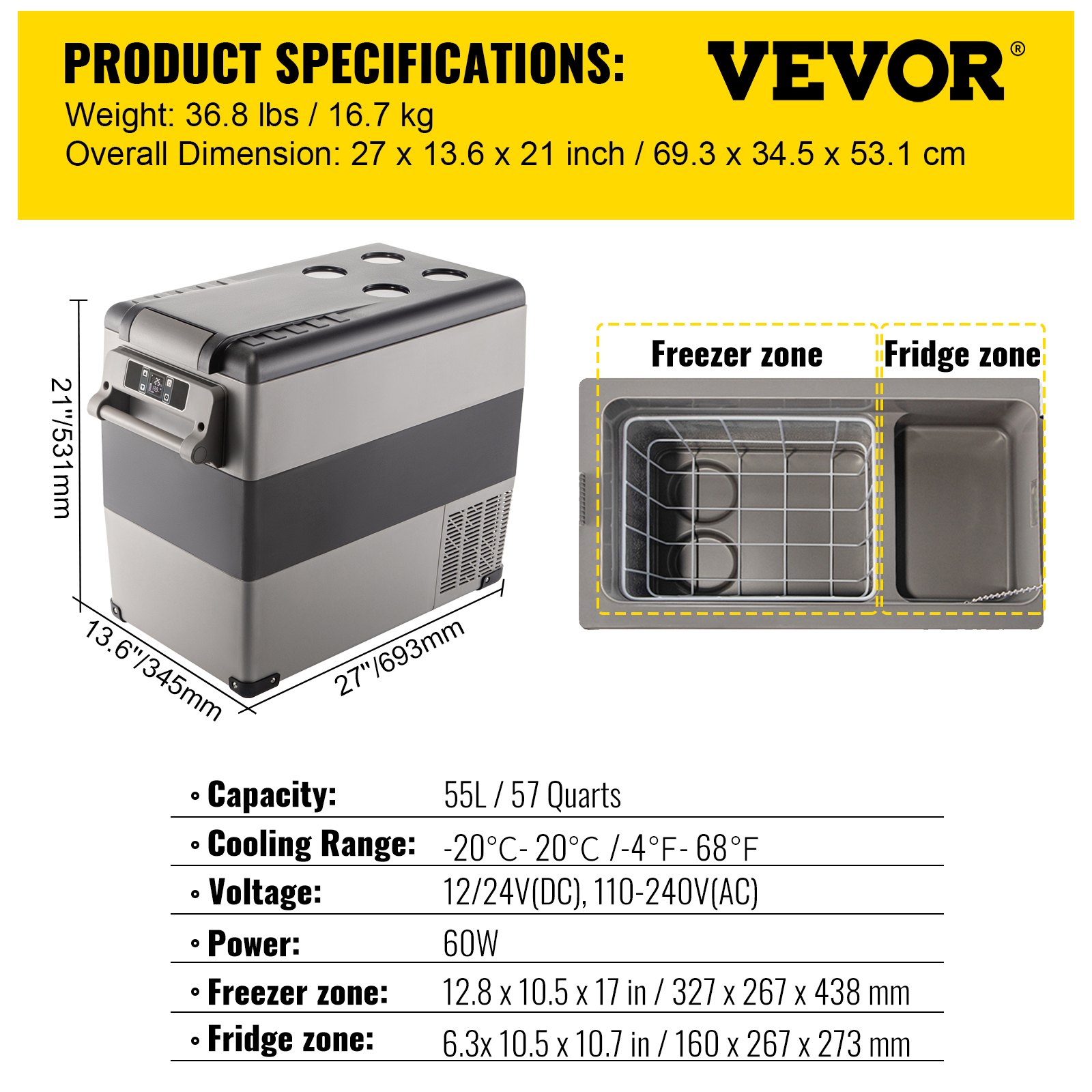 VEVOR Portable Cool Box 55L Car Fridge 220 V Mini Fridge Electric Freezer Box Small Freezer for Car Camping Truck Boat