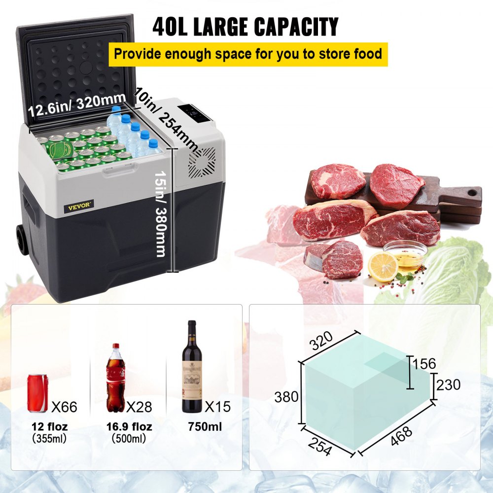 VEVOR Car Refrigerator, 12 Volt Car Refrigerator Fridge, 40 L Single Zone Portable Freezer with Wheels and Handle, -4℉-68℉, 12/24V DC and 100-240V AC Compressor Cooler for Outdoor, Camping
