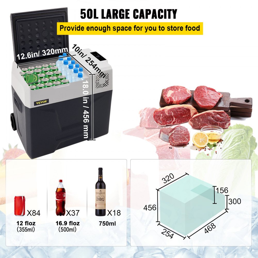 VEVOR Car Refrigerator, 12 Volt Car Refrigerator Fridge, 50 L Single Zone Portable Freezer with Wheels and Handle, -4℉-68℉, 12/24V DC and 100-240V AC Compressor Cooler for Outdoor, Camping