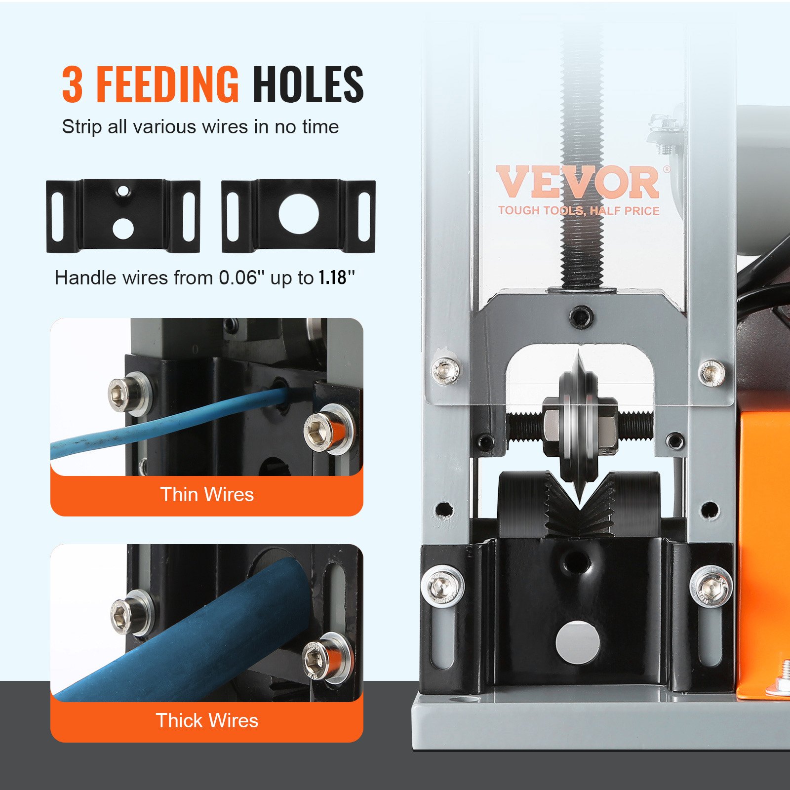 VEVOR Automatic Wire Stripping Machine, 1.5mm-30mm Electric Motorized Cable Stripper, 180W, 18.3 m/min Wire Peeler with Visible Stripping Depth Reference, for Scrap Copper Recycling