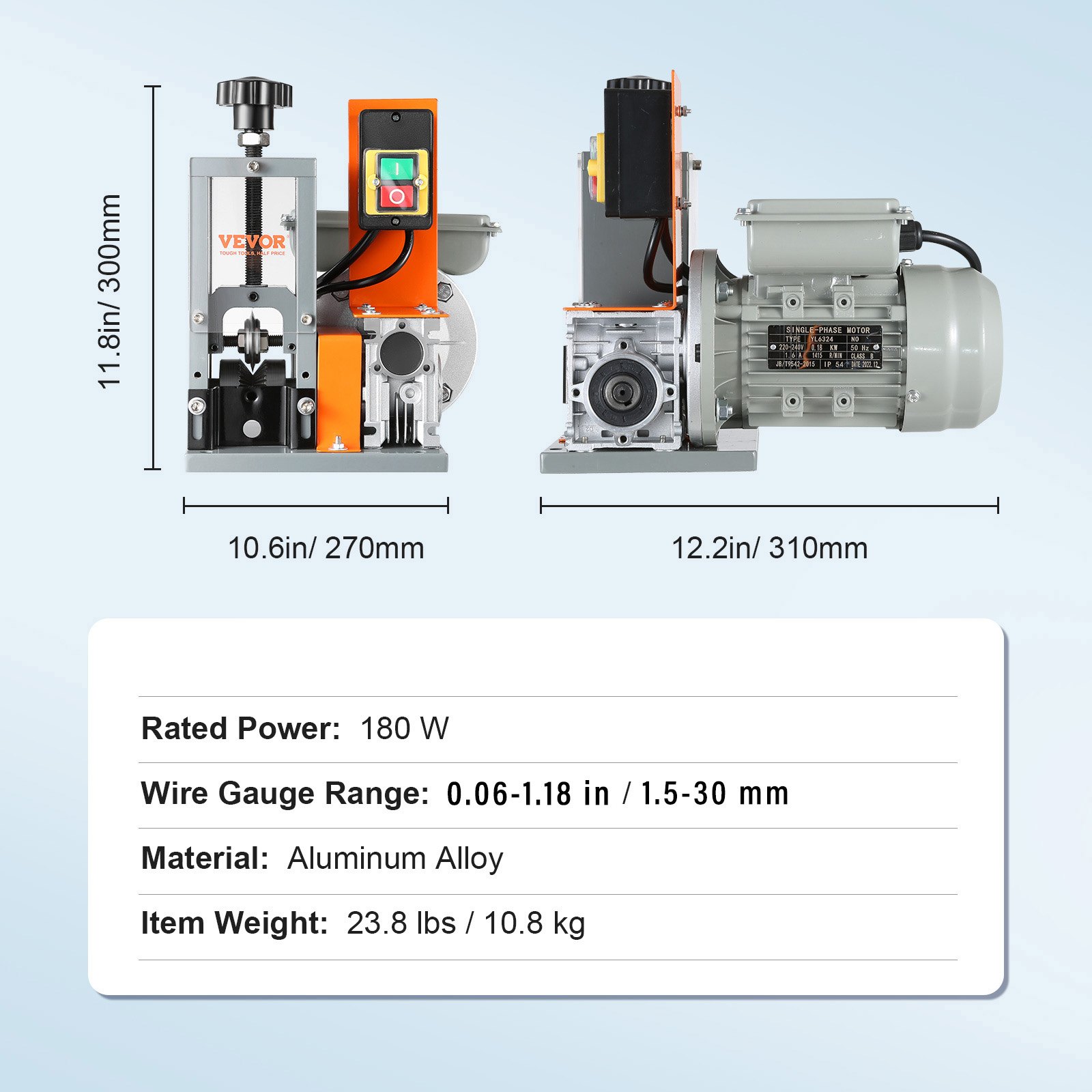 VEVOR Automatic Wire Stripping Machine, 1.5mm-30mm Electric Motorized Cable Stripper, 180W, 18.3 m/min Wire Peeler with Visible Stripping Depth Reference, for Scrap Copper Recycling