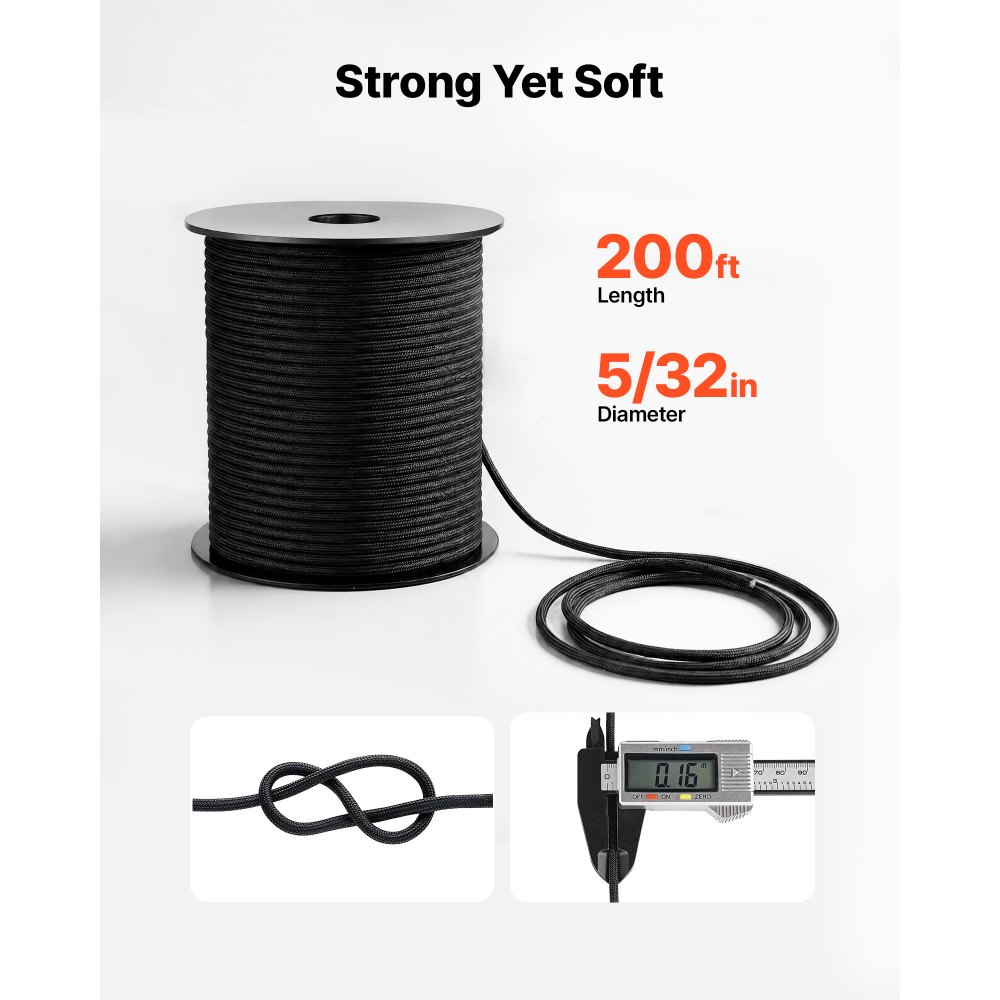 VEVOR Paracord Rope 4 mm x 60 m Nylon Parachute Cord 550 Tactical, Survival Cord, Heavy Duty 7 Strand, 272 kg High Breaking Strength, Utility Rope, for Outdoor Camping & Bracelets, Black