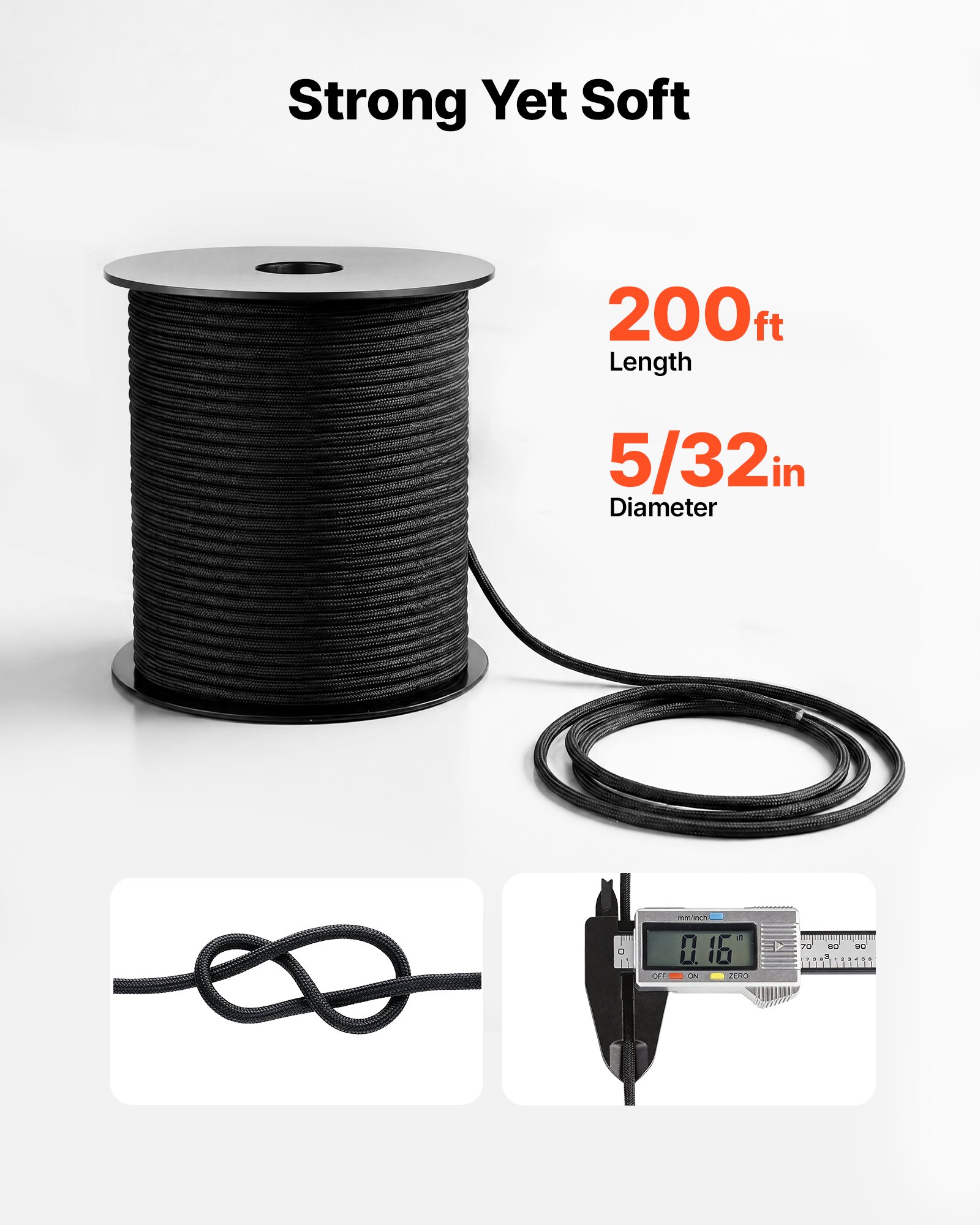 VEVOR Paracord Rope 4 mm x 60 m Nylon Parachute Cord 550 Tactical, Survival Cord, Heavy Duty 7 Strand, 272 kg High Breaking Strength, Utility Rope, for Outdoor Camping & Bracelets, Black