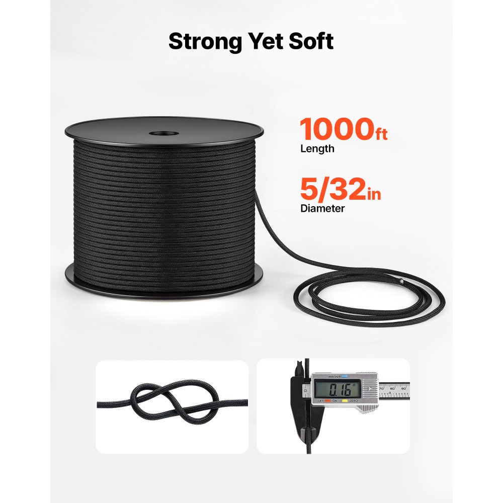 VEVOR Paracord Rope 4 mm x 305 m Nylon Parachute Cord 550 Tactical, Survival Cord, Heavy Duty 7 Strand, 272 kg High Breaking Strength, Utility Rope, for Outdoor Camping & Bracelets, Black