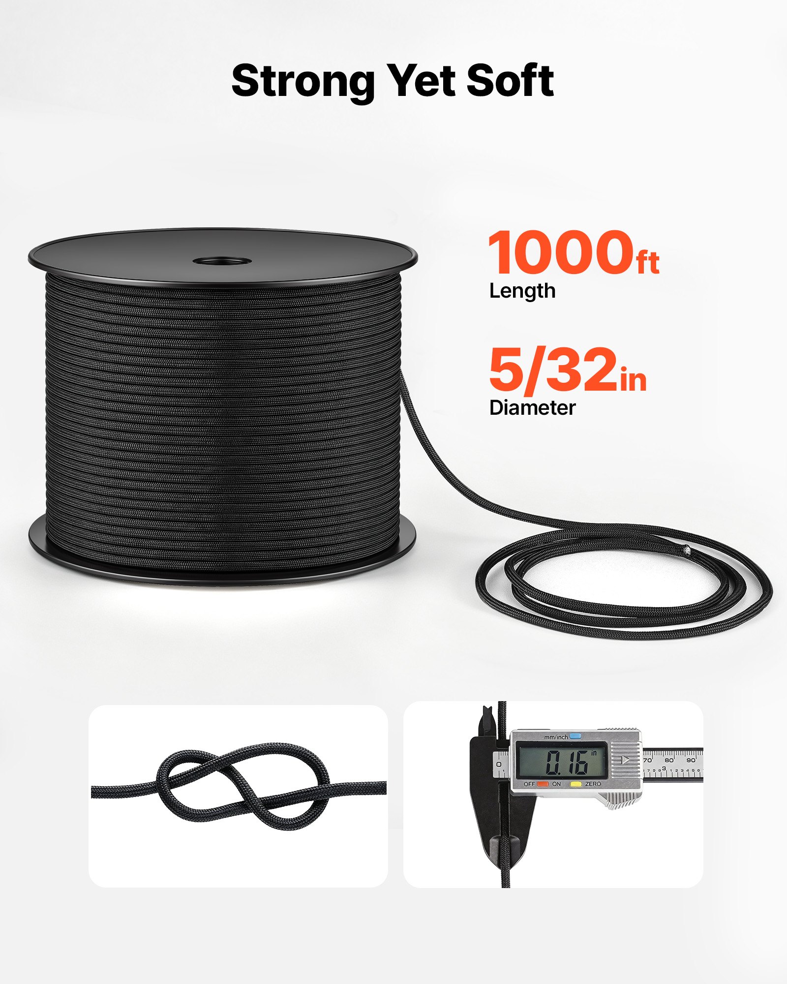 VEVOR Paracord Rope 4 mm x 305 m Nylon Parachute Cord 550 Tactical, Survival Cord, Heavy Duty 7 Strand, 272 kg High Breaking Strength, Utility Rope, for Outdoor Camping & Bracelets, Black
