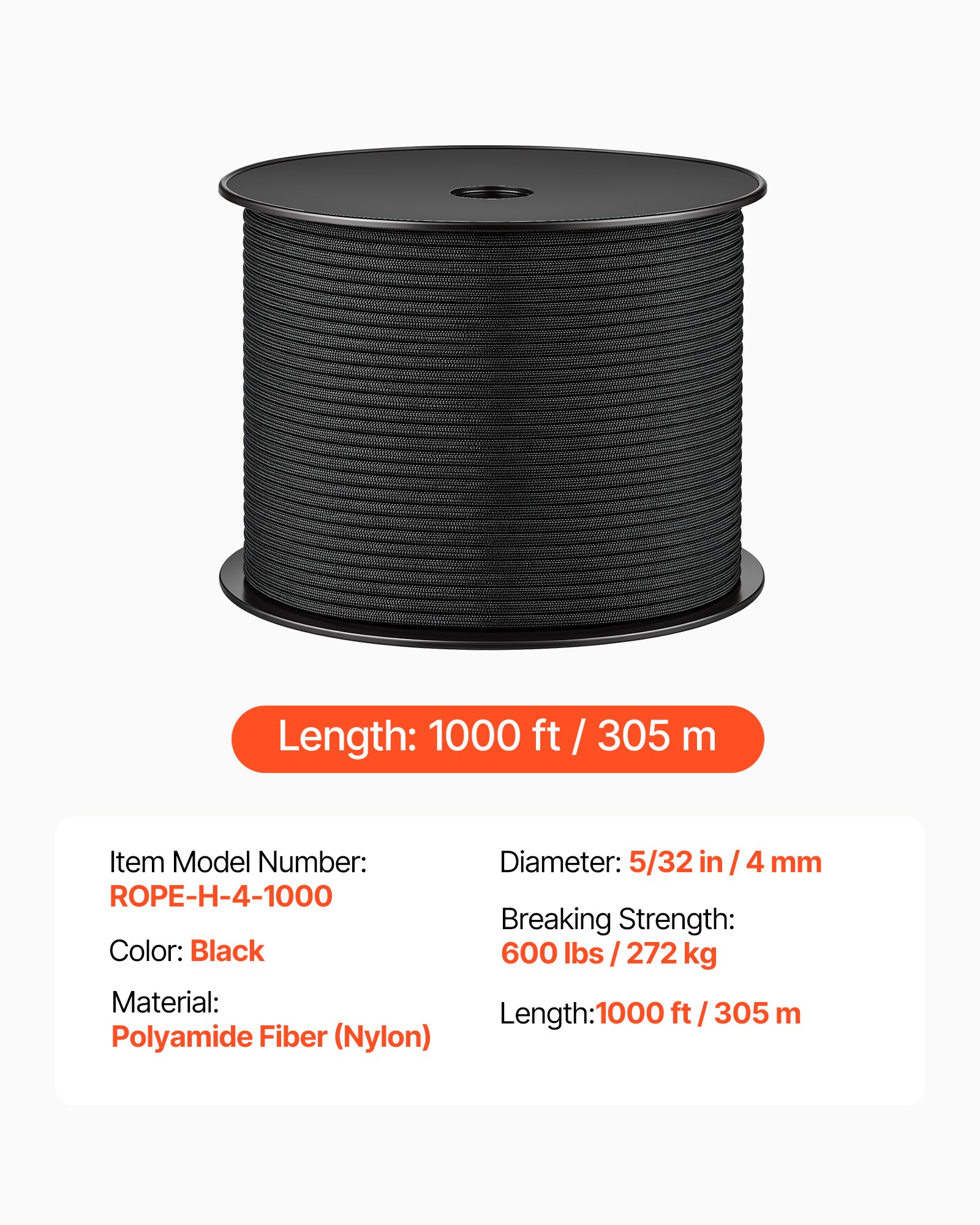 VEVOR Paracord Rope 4 mm x 305 m Nylon Parachute Cord 550 Tactical, Survival Cord, Heavy Duty 7 Strand, 272 kg High Breaking Strength, Utility Rope, for Outdoor Camping & Bracelets, Black