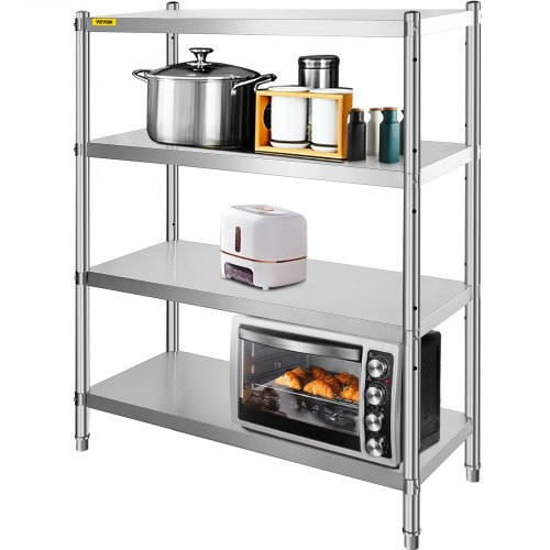 VEVOR Stainless Steel Shelving, 46.8x18.5 Inch 4 Tier Adjustable Shelf Storage Unit, Stainless Steel Heavy Duty Shelving for Kitchen Commercial Office Garage Storage 330lb Per Shelf