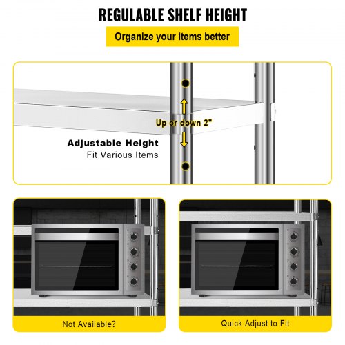 VEVOR Stainless Steel Shelving, 46.8x18.5 Inch 4 Tier Adjustable Shelf Storage Unit, Stainless Steel Heavy Duty Shelving for Kitchen Commercial Office Garage Storage 330lb Per Shelf