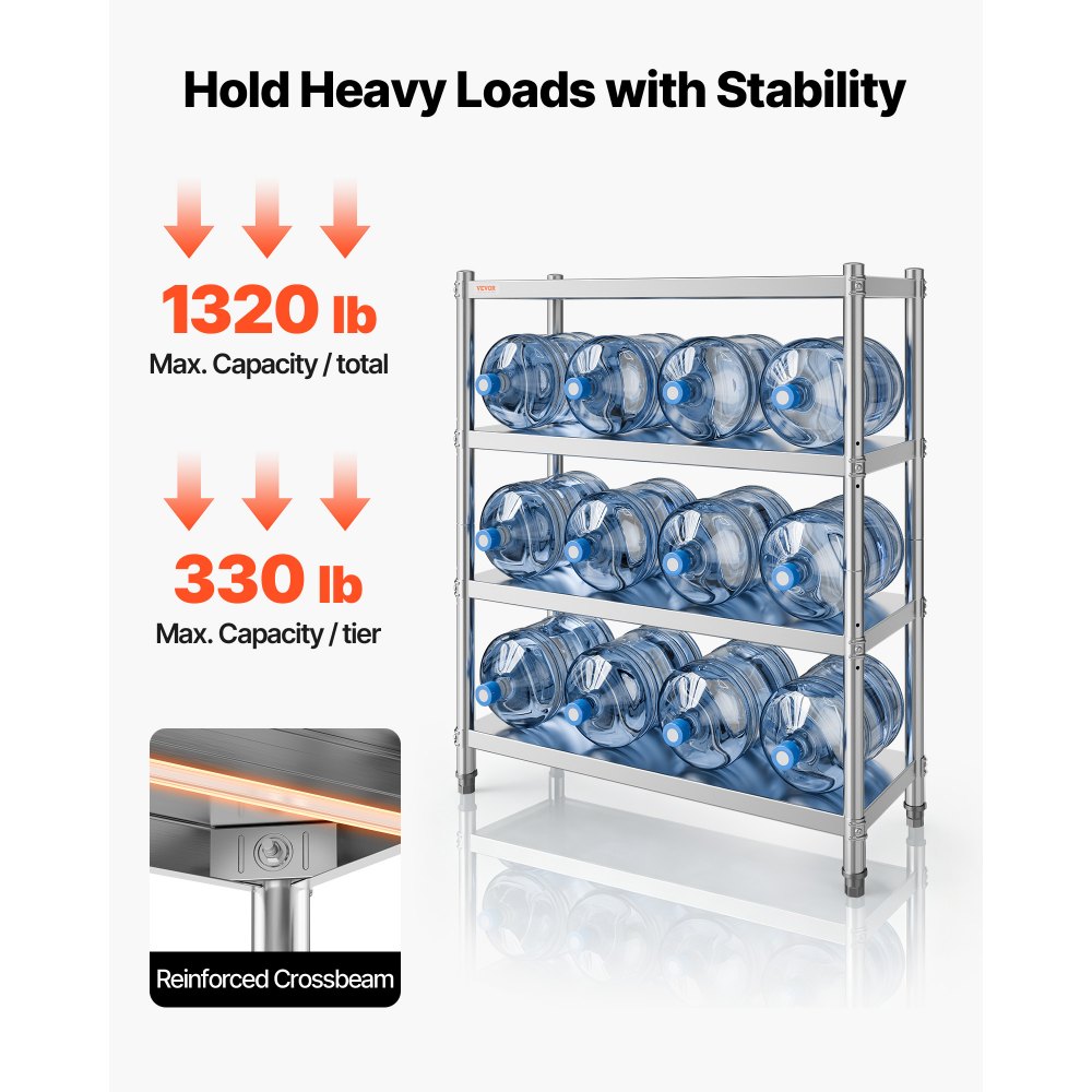 VEVOR Stainless Steel Shelving 46.8x18.5 Inch 4 Tier Adjustable Shelf Storage Unit Stainless Steel Heavy Duty Shelving for Kitchen Commercial Office Garage Storage 330lb Per Shelf
