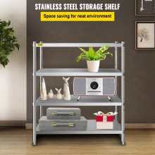 VEVOR Stainless Steel Shelving, 46.8x18.5 Inch 4 Tier Adjustable Shelf Storage Unit, Stainless Steel Heavy Duty Shelving for Kitchen Commercial Office Garage Storage 330lb Per Shelf