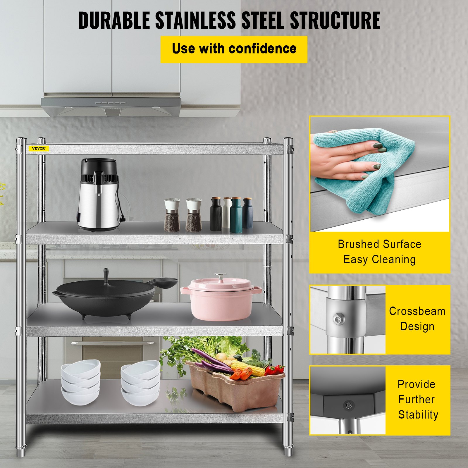 VEVOR Stainless Steel Shelving, 118.9 x 47 cm 4 Tier Adjustable Shelf Storage Unit, Stainless Steel Heavy Duty Shelving for Kitchen Commercial Office Garage Storage 149.7 kg Per Shelf