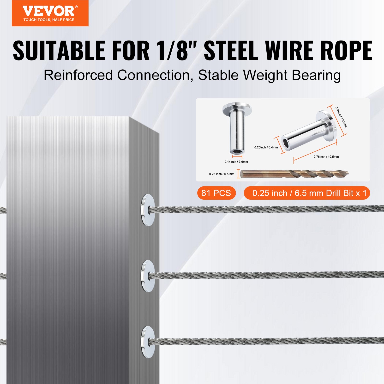VEVOR stainless steel protector sleeves for 1/8&quot; steel wire rope, complete with drill bit and 81 pcs set.