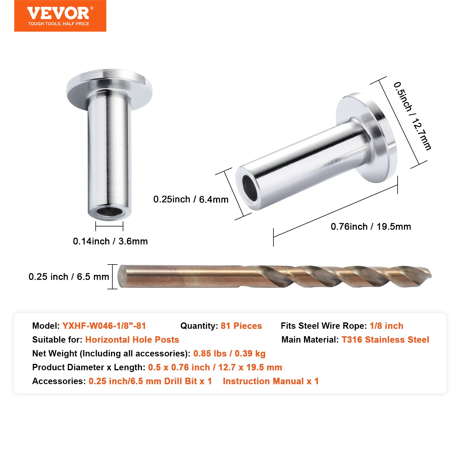 VEVOR stainless steel protector sleeves with drill bit for horizontal hole posts, 81 pieces.