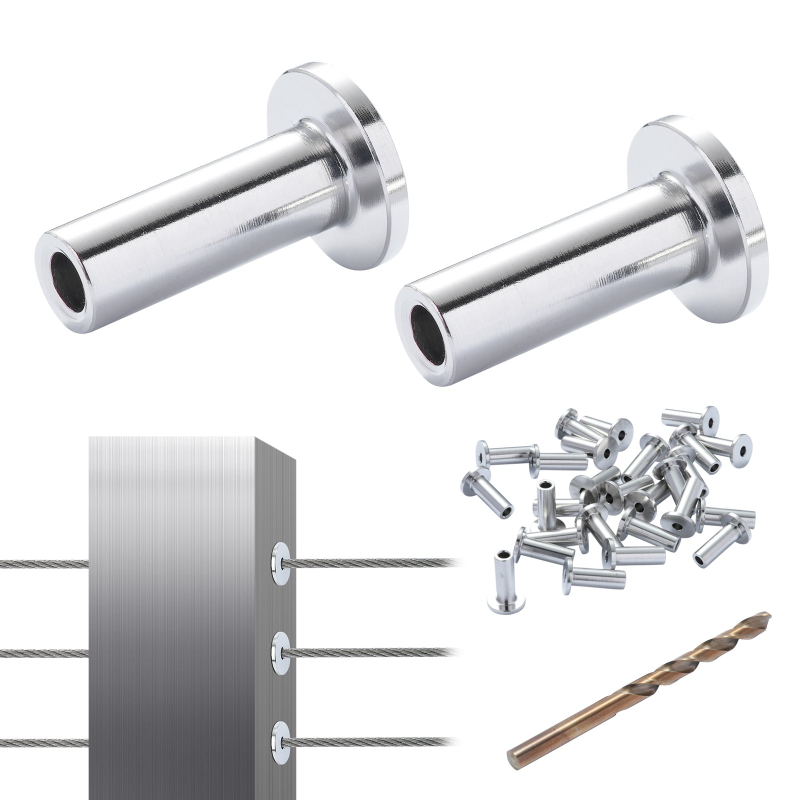VEVOR stainless steel protector sleeves with screws, drill bit, and cable railing installation.