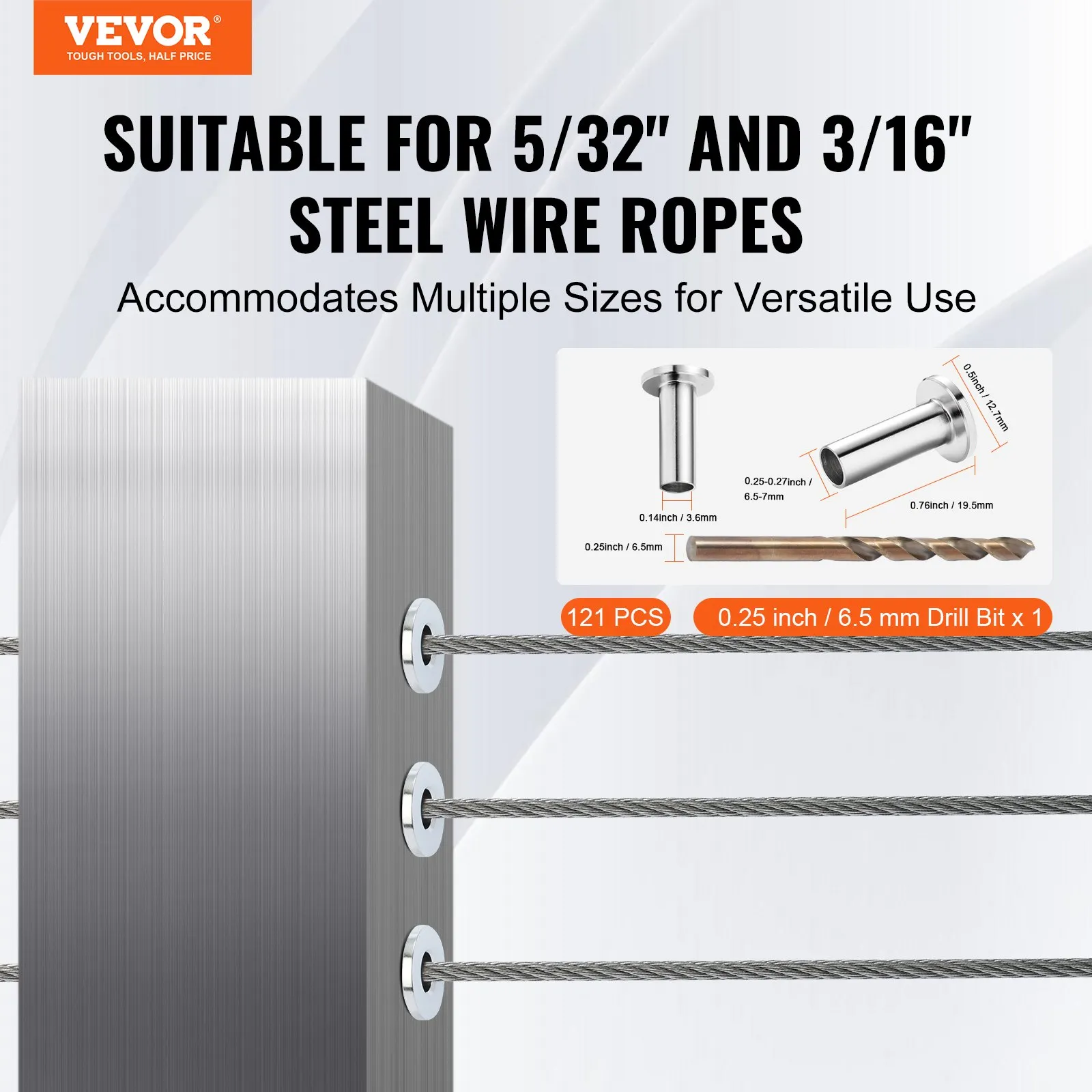 VEVOR stainless steel protector sleeves for 5/32&quot; and 3/16&quot; steel wire ropes, includes 121 pcs and drill bit.