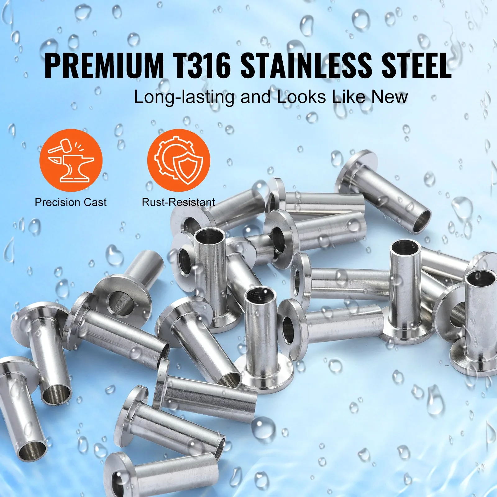VEVOR stainless steel protector sleeves, precision cast and rust-resistant, with water droplets on a blue background