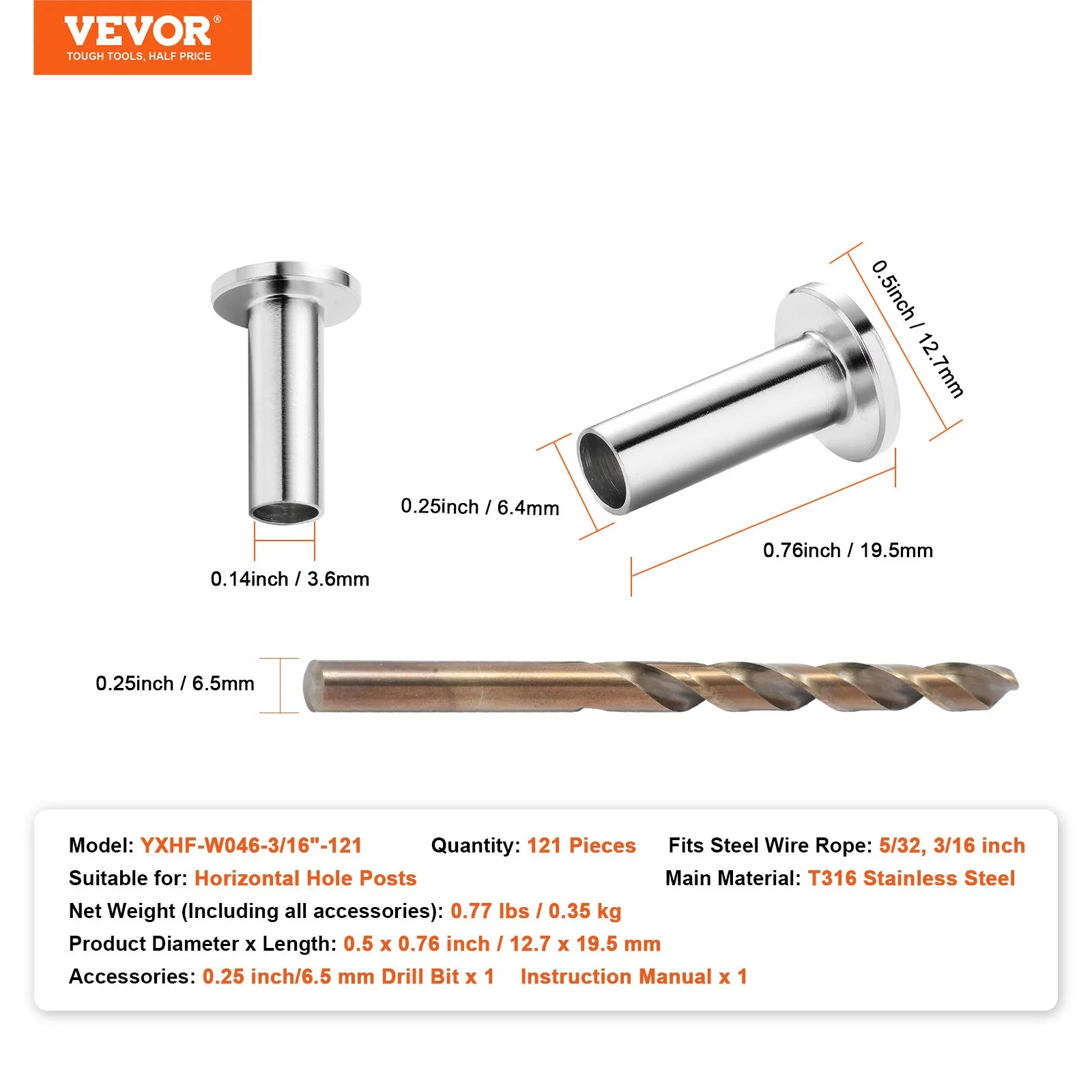 VEVOR stainless steel protector sleeves with horizontal hole posts and drill bit. quantity: 121 pieces.