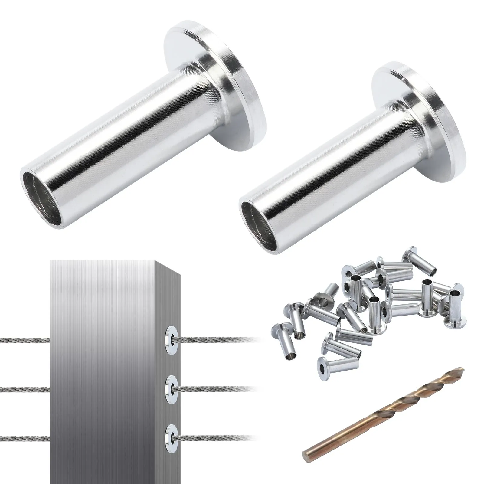 VEVOR stainless steel protector sleeves set, including drilling bit and metal fittings for cable installation.