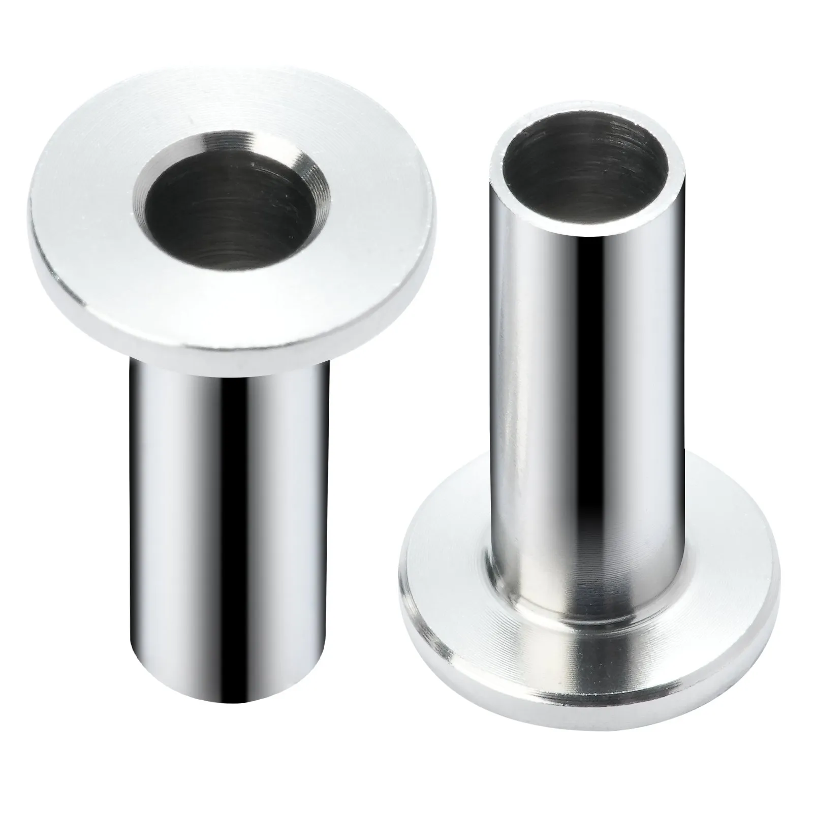 VEVOR stainless steel protector sleeves with polished finish and flared rims shown in close-up view.