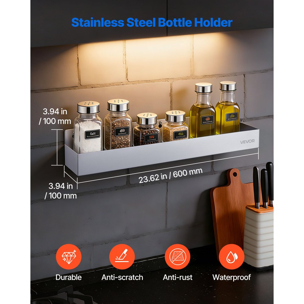 VEVOR Stainless Steel Bottle Holder, 24 Inch Bar Speed Rail, Liquor Bottle Holder Rack with Bolt-On Mounting & Hook-On Mounting, Wall Mounted Syrup Rack for Kitchen, Bar, Restaurant, Pub, Silver