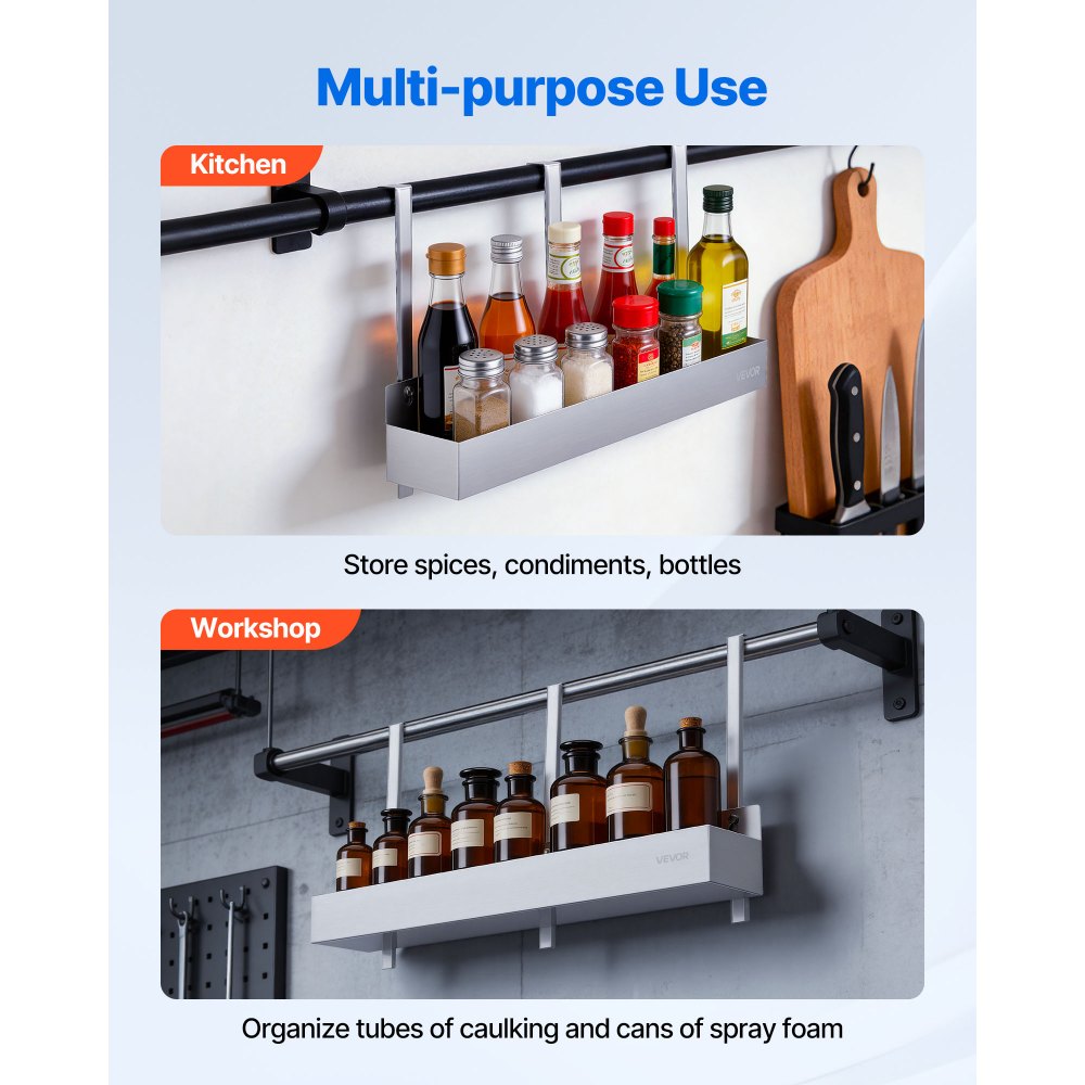 VEVOR Stainless Steel Bottle Holder, 24 Inch Bar Speed Rail, Liquor Bottle Holder Rack with Bolt-On Mounting & Hook-On Mounting, Wall Mounted Syrup Rack for Kitchen, Bar, Restaurant, Pub, Silver