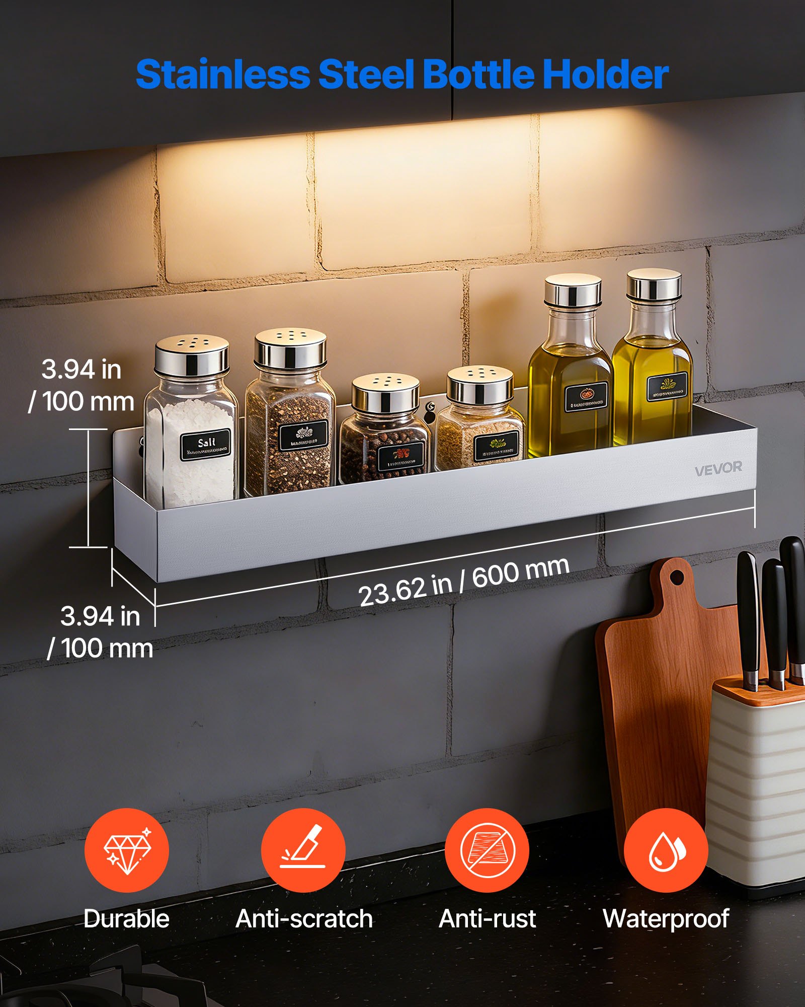 VEVOR Stainless Steel Bottle Holder, 24 Inch Bar Speed Rail, Liquor Bottle Holder Rack with Bolt-On Mounting & Hook-On Mounting, Wall Mounted Syrup Rack for Kitchen, Bar, Restaurant, Pub, Silver