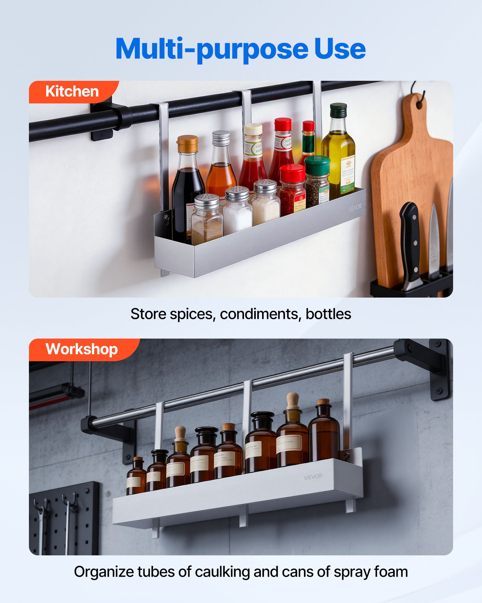 VEVOR Stainless Steel Bottle Holder, 24 Inch Bar Speed Rail, Liquor Bottle Holder Rack with Bolt-On Mounting & Hook-On Mounting, Wall Mounted Syrup Rack for Kitchen, Bar, Restaurant, Pub, Silver
