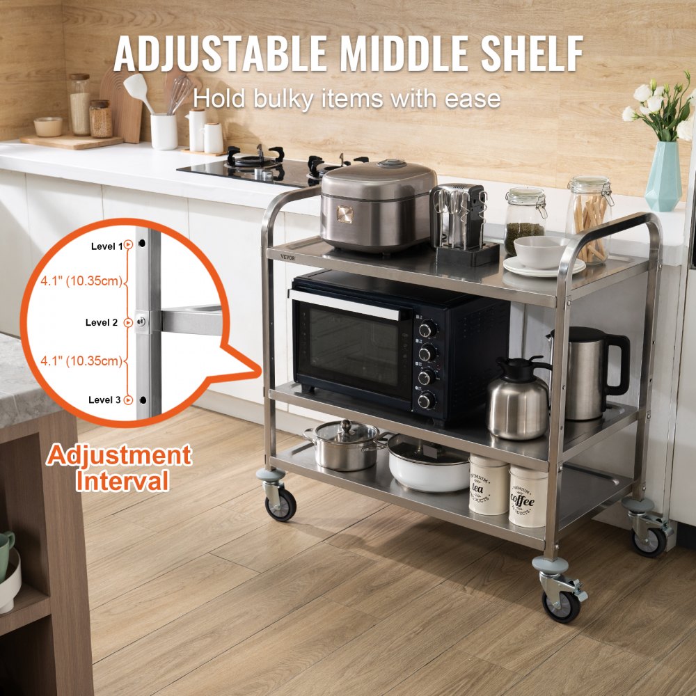 VEVOR kitchen utility cart with adjustable middle shelf holds microwave, appliances, and utensils in kitchen.