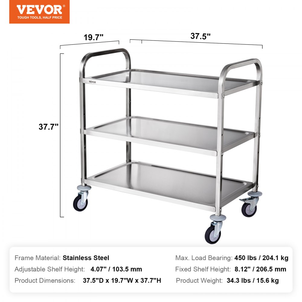 VEVOR kitchen utility cart, stainless steel, three-tier, on wheels, dimensions: 37.5&quot;d x 19.7&quot;w x 37.7&quot;h.