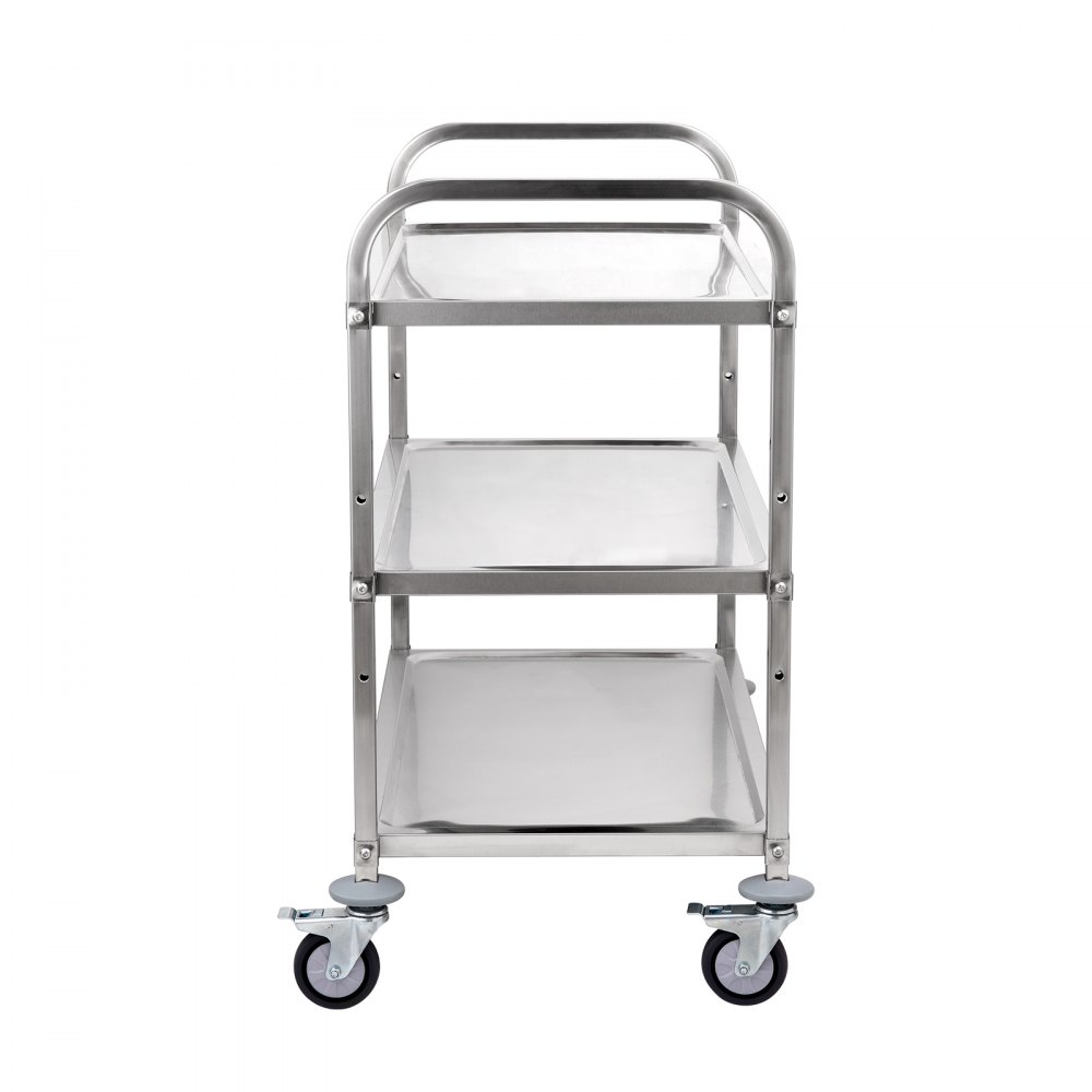 stainless steel VEVOR kitchen utility cart with three shelves and swivel caster wheels.