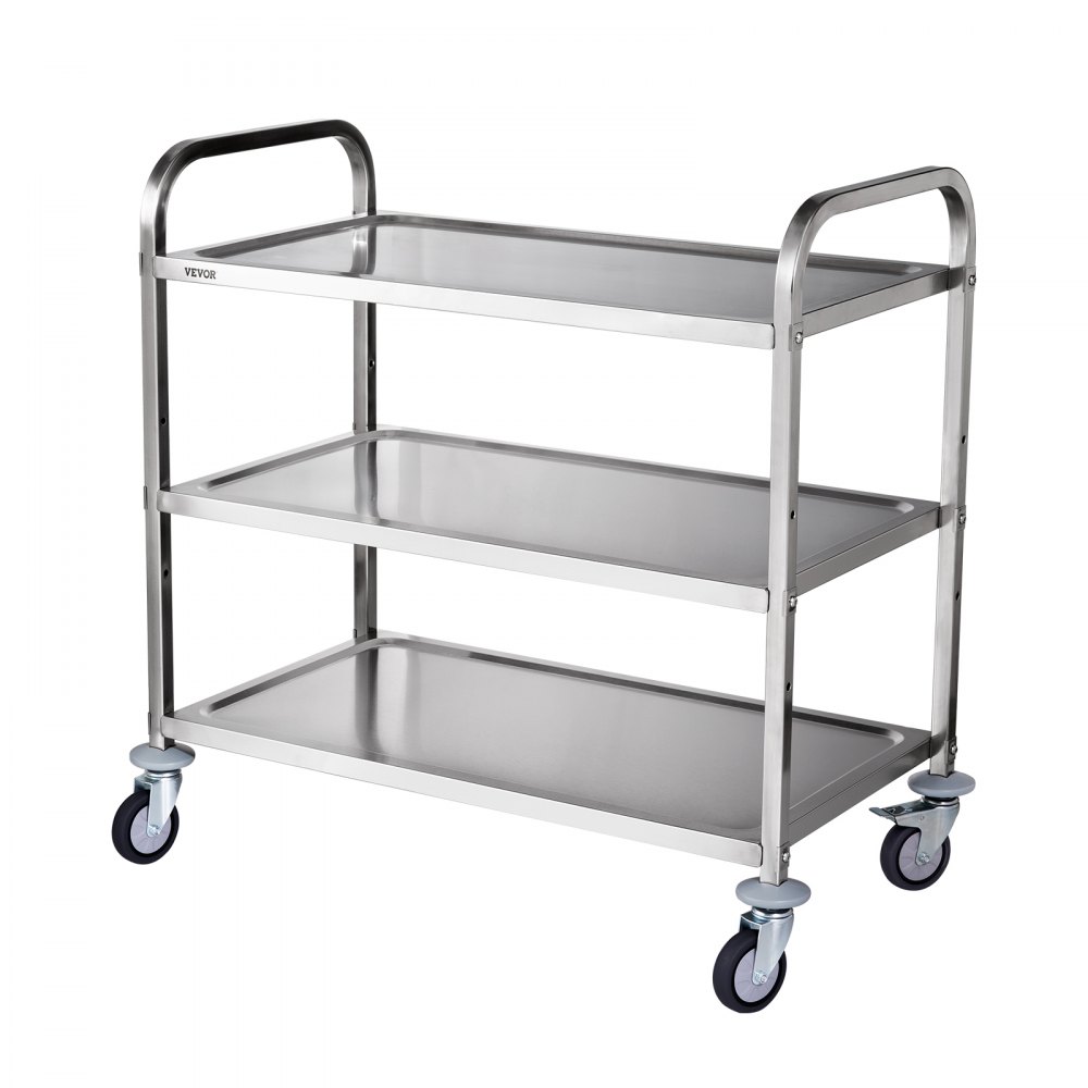 VEVOR kitchen utility cart with three stainless steel shelves and four swivel caster wheels.