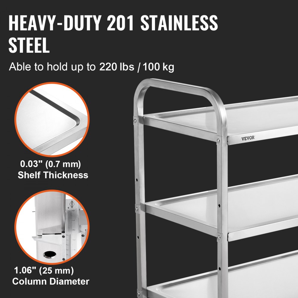 VEVOR Kitchen Utility Cart, 3 Tiers, Wire Rolling Cart with 204 KG Capacity, Steel Service Cart on Wheels, Metal Storage Trolley with 80mm Basket Curved Handle PP Liner 6 Hooks, for Indoor and Outdoor