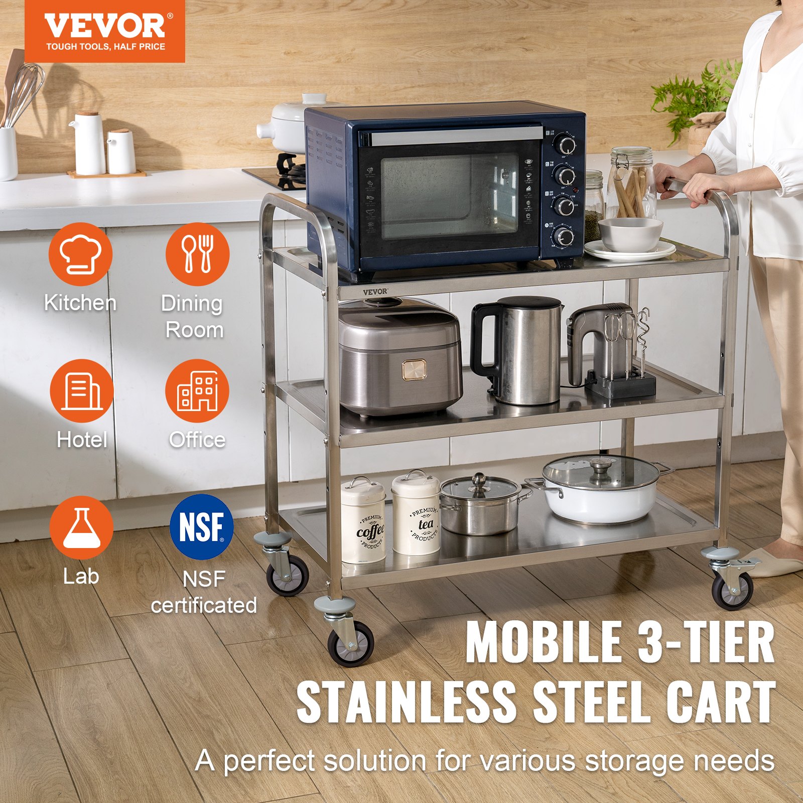 VEVOR kitchen utility cart with a microwave, appliances, and labeled applications: kitchen, dining room, hotel.