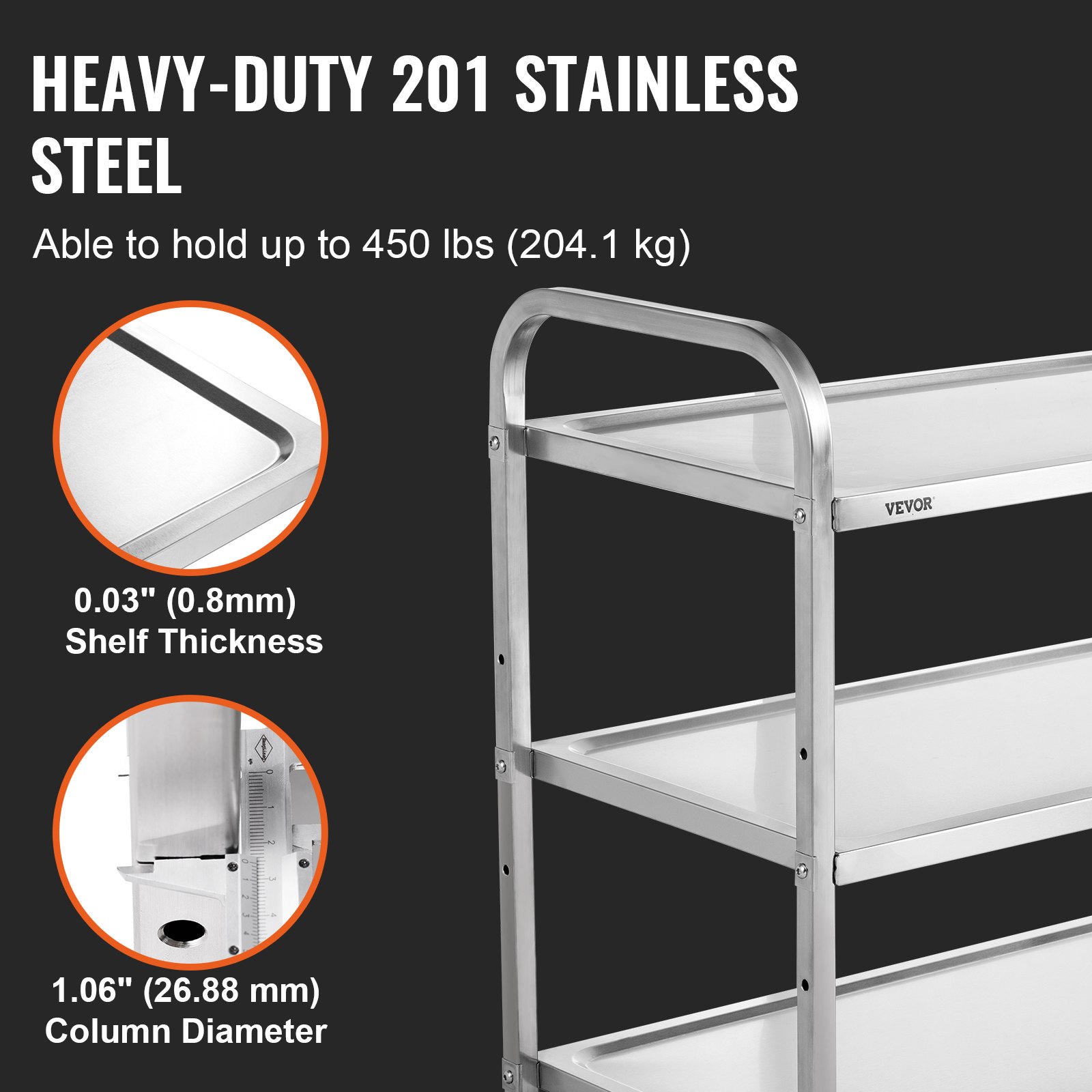 VEVOR kitchen utility cart made of heavy-duty 201 stainless steel, supports up to 450 lbs, 0.03&quot; shelf thickness.